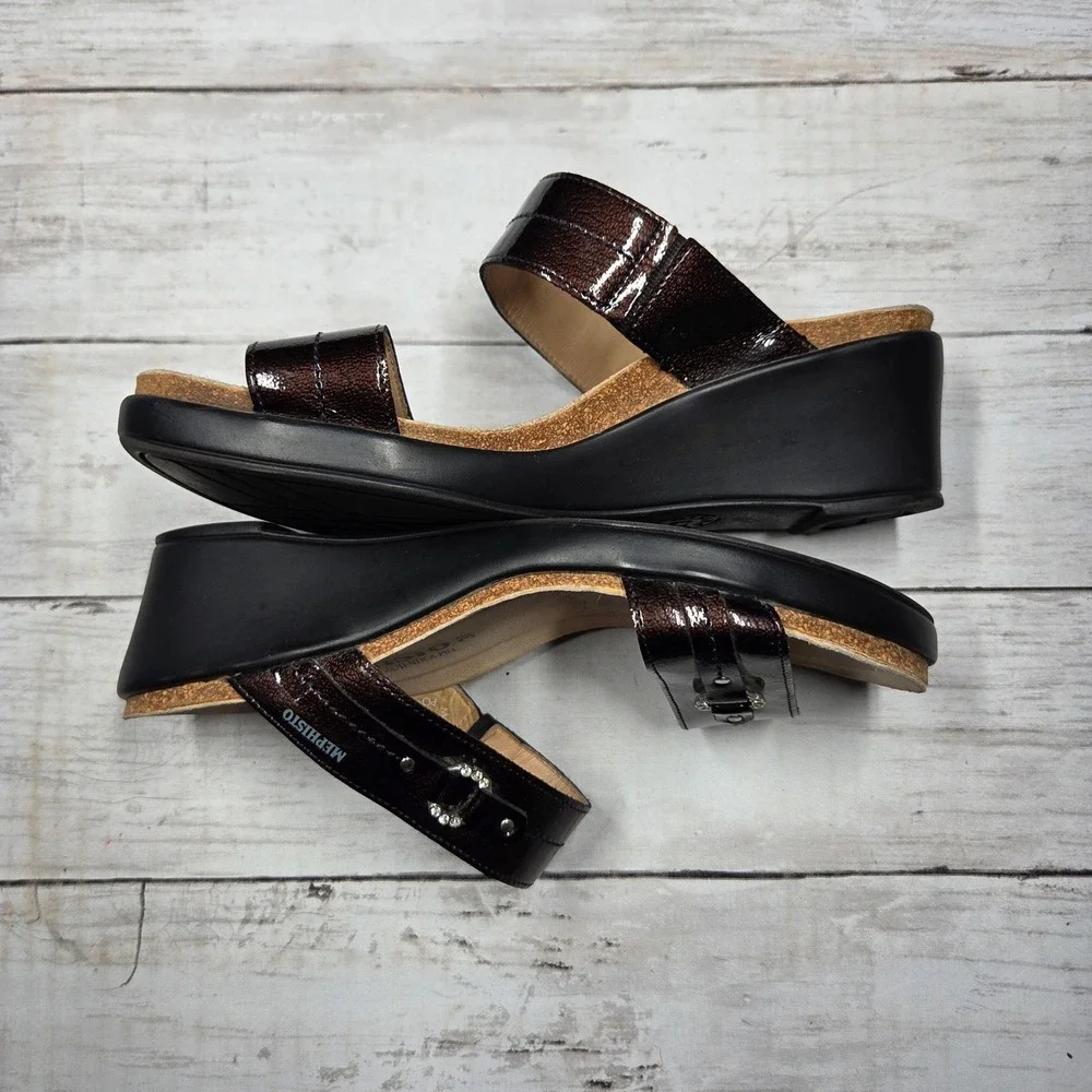 Mephisto Air-Relax Nalade Wedge Sandal Slide Brown Patent Leather Womens 38